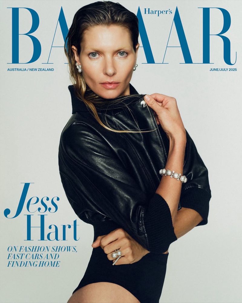 Harper's Bazaar cover featuring Jess Hart wearing a black leather jacket and pearl jewelry against a gradient white background.