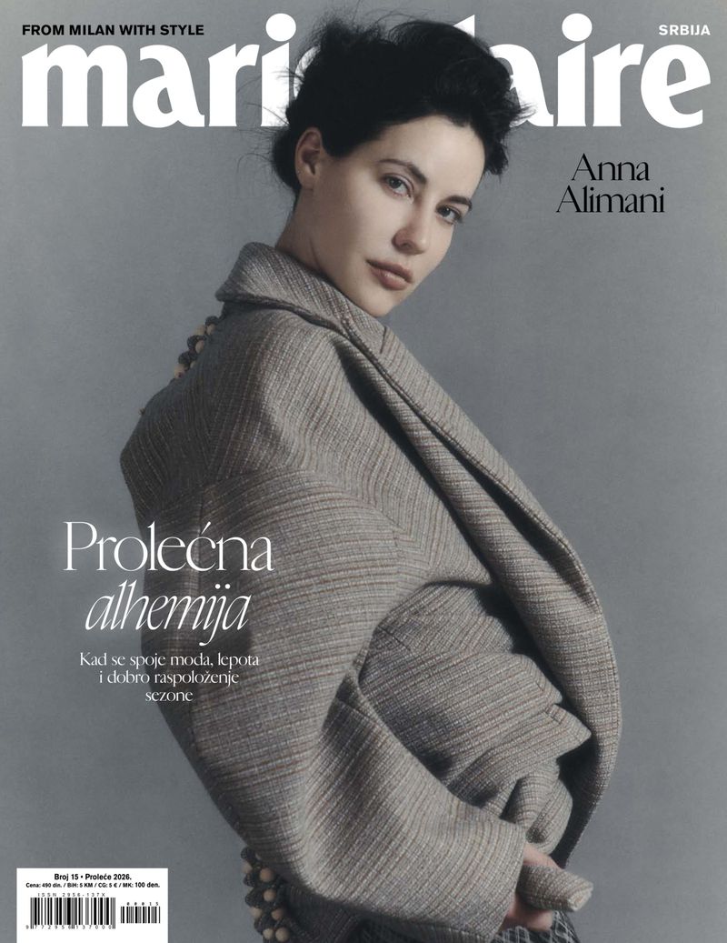 Model Anna Alimani wearing a textured grey coat against a solid grey background for Marie Claire Serbia April 2026 cover.