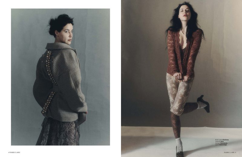Editorial double-page spread featuring Anna Alimani in textured grey coat and lace ensemble for Marie Claire Serbia.