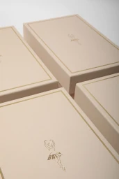 Four pale pink Bally shoeboxes arranged neatly with gold foil ballerina illustration and trim against a clean background