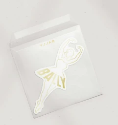 Transparent white packaging envelope with gold foil ballerina illustration and Bally branding by Laura Ravetta.