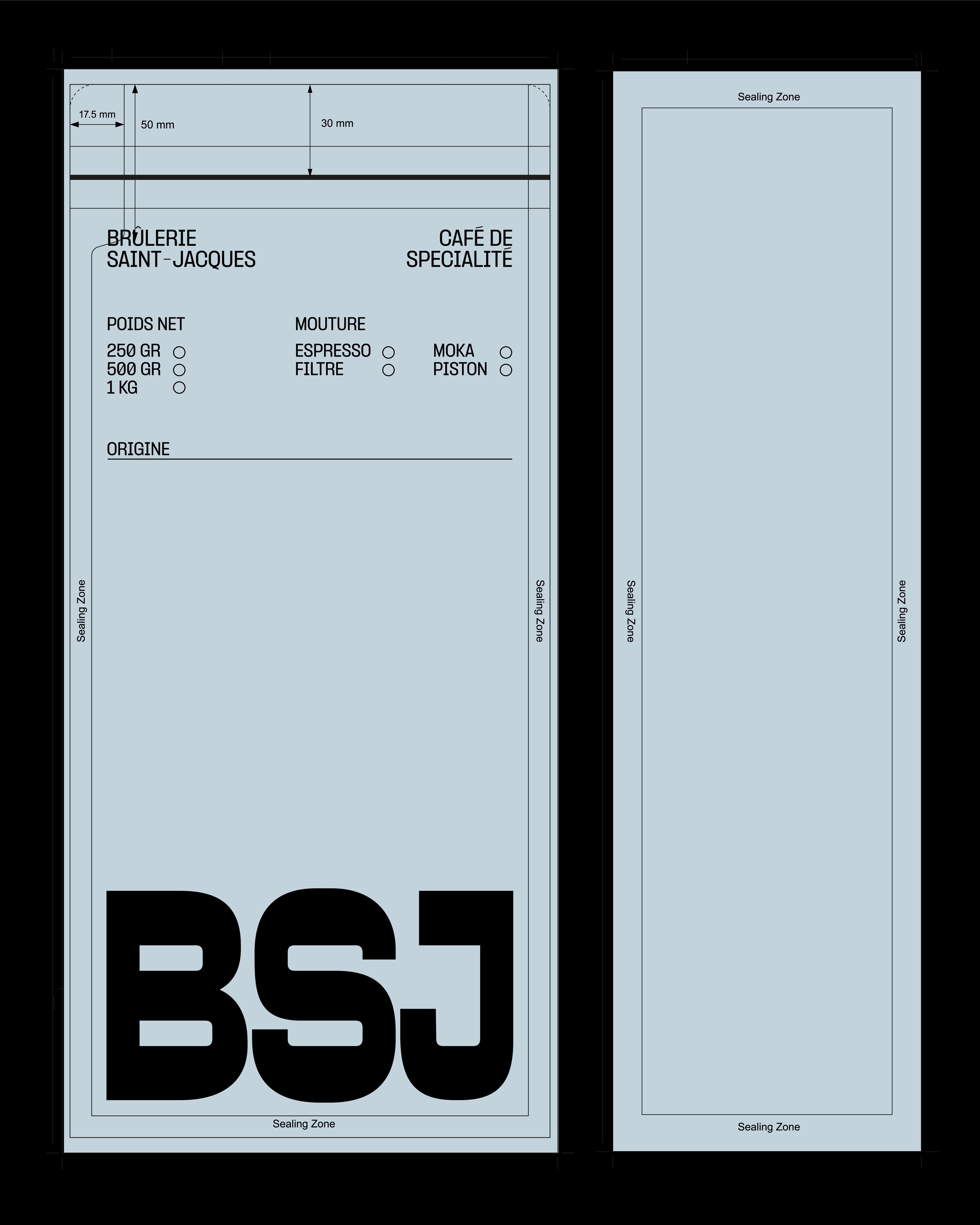Minimalist packaging flat layout featuring technical typographic labels and bold BSJ lettering on pale blue paper.