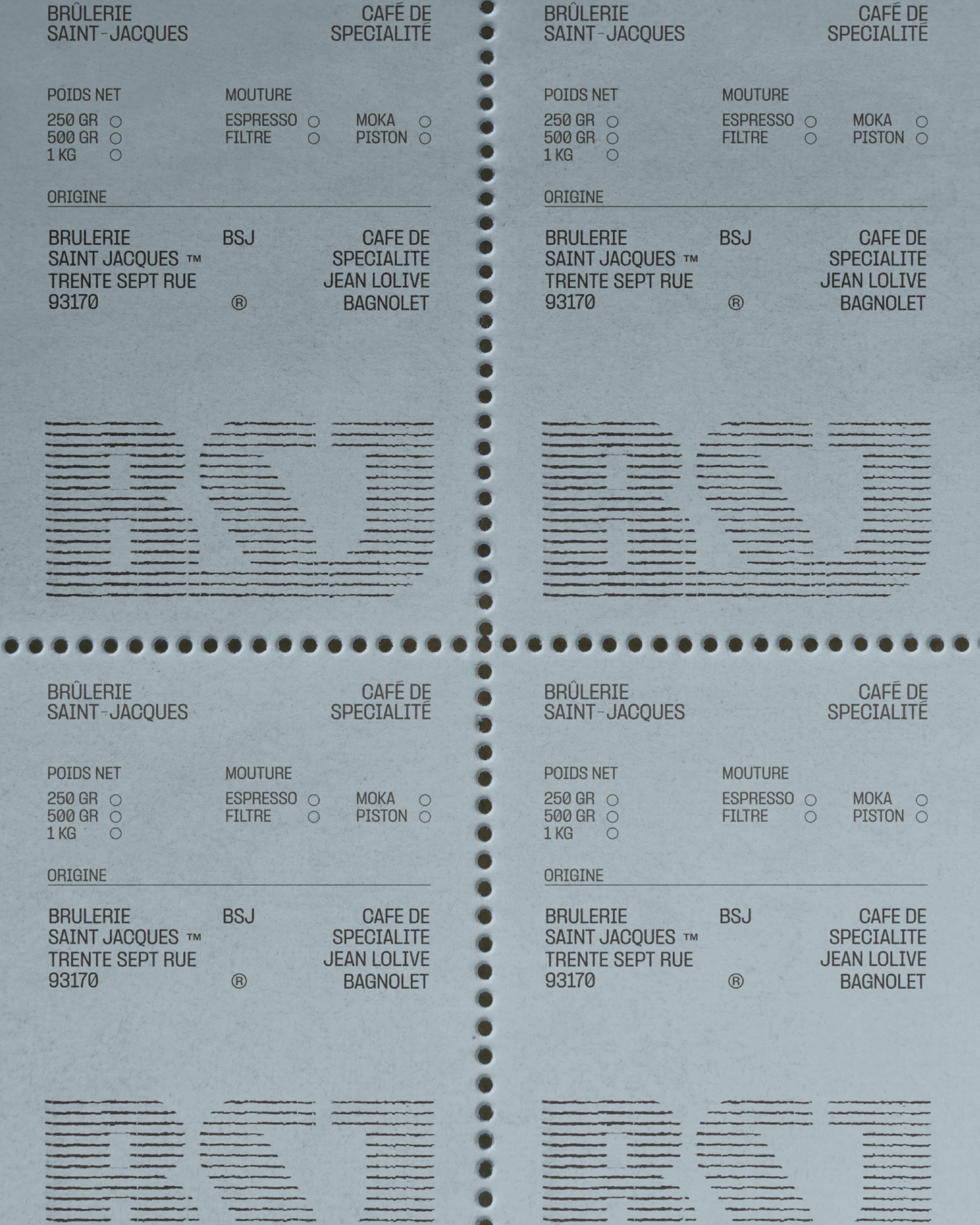 Close-up image featuring product details and branding for Brûlerie Saint-Jacques coffee, showcasing text-based design with a focus on branding.