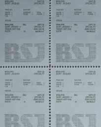Close-up of continuous stationery paper sheets printed with packaging labels featuring typewriter typography and perforated edges