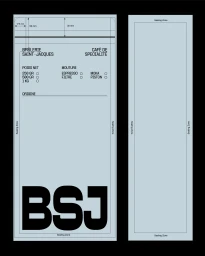 Minimalist packaging flat layout featuring technical typographic labels and bold BSJ lettering on pale blue paper.