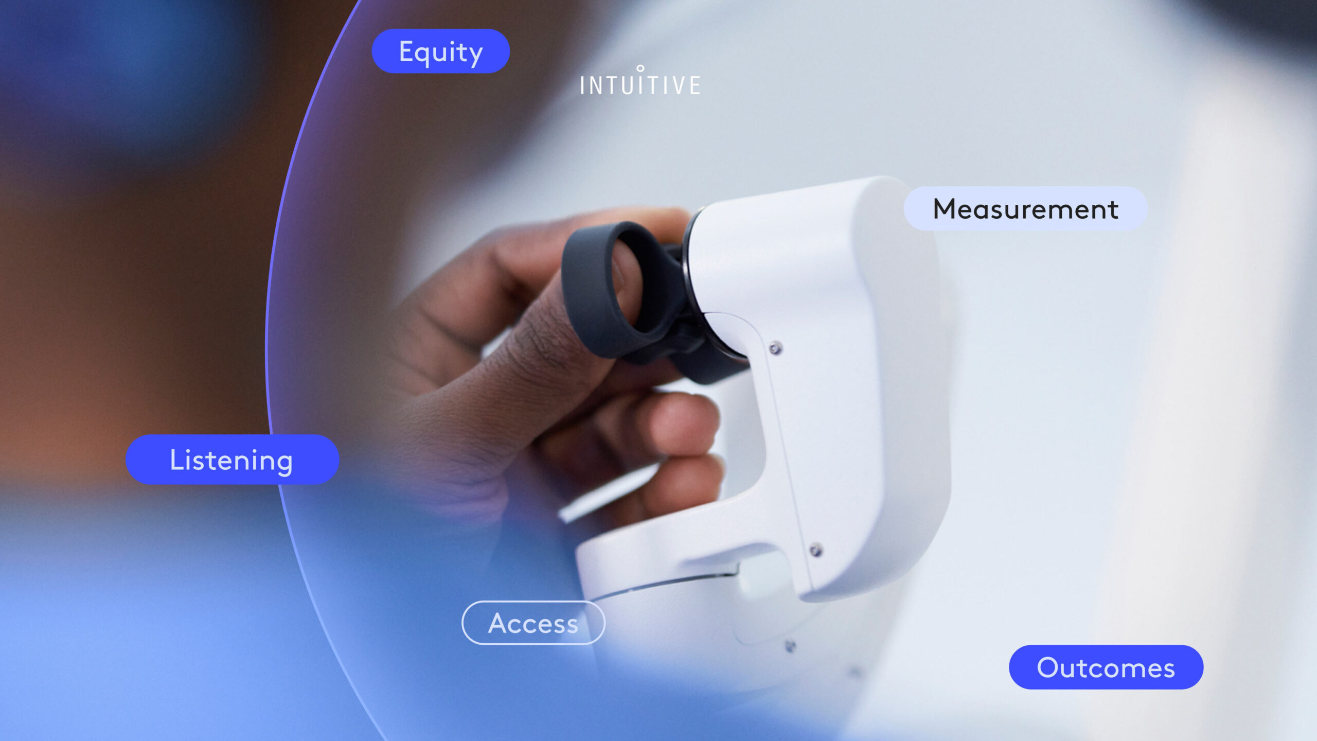 Close-up of a person holding a white medical device with dark blue floating UI tags displaying metrics like Equity and Measurement.