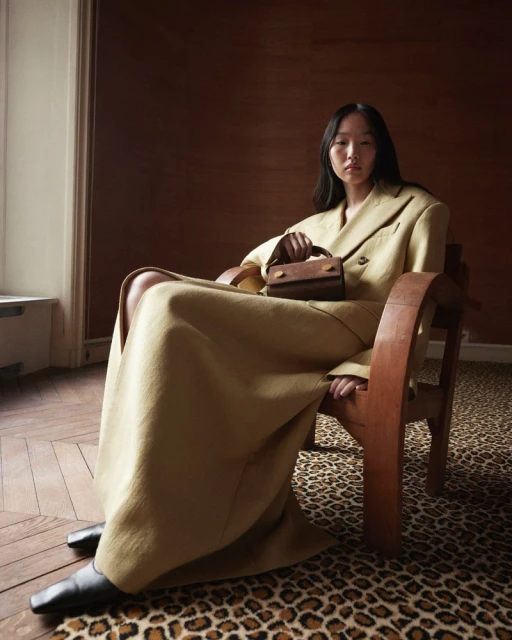 An adult woman in a tan skirt suit sits in a wooden chair holding a brown handbag in an indoor setting with natural lighting.