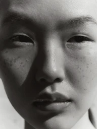 Close-up monochrome portrait of a model featuring natural skin texture, freckles, and strong dramatic directional lighting.