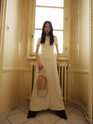 Model standing in a long white dress holding a tan leather bucket bag indoors against a tall window
