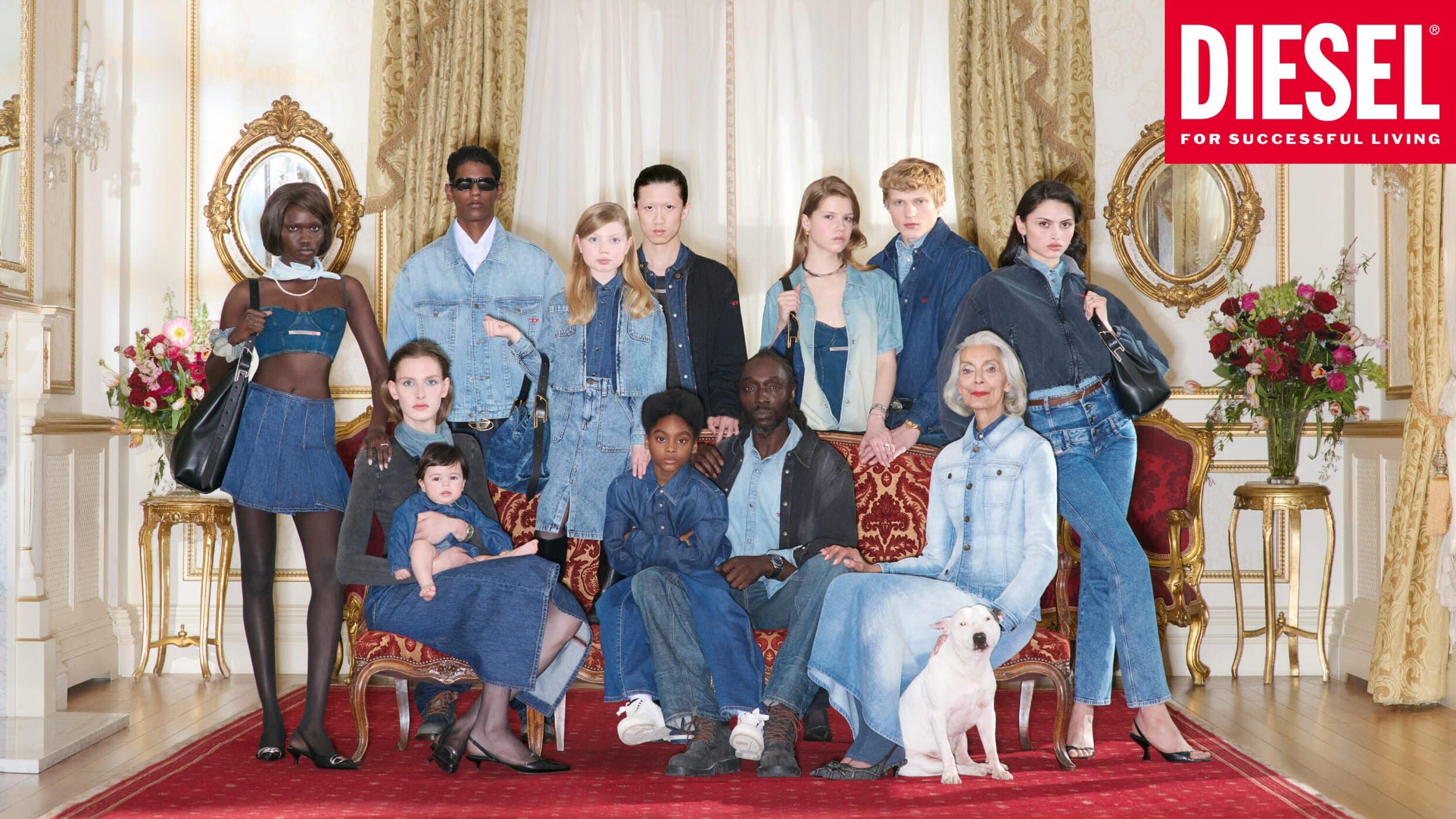 Group of diverse models wearing denim outfits posed in an opulent room with antique furniture and gilded mirrors for Diesel.