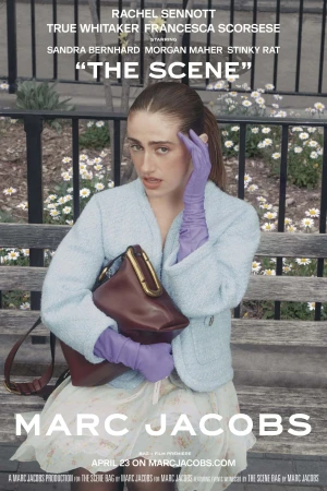 Poster image: woman in blue jacket and gloves holds dark handbag. She sits on bench with flowers; text for 'The Scene' movie is visible.