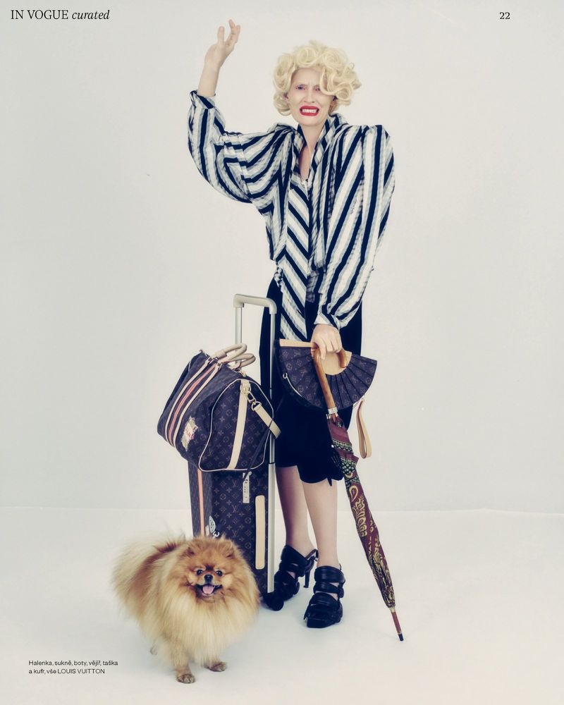 Fashion shot of an adult female model in black and white striped shirt with luggage and a dog in a photo studio setting.