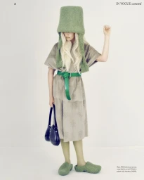 Model wearing a tall green knitted hat, grey dress, green belt and clogs, holding a black handbag against a seamless white background.