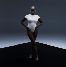 Model Ajok Daing wearing a white bodysuit against a dark studio background