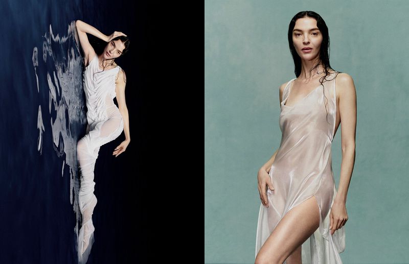 Two-panel fashion shot: a woman in a wet white dress poses against a dark background and a muted teal backdrop. She has wet hair.