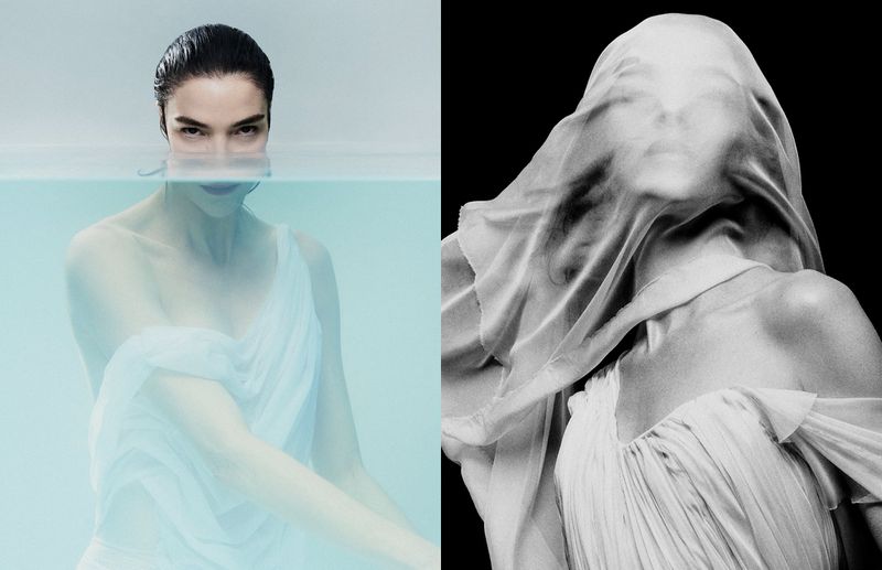 Model Mariacarla Boscono in water and veiled portrait for Acqua Fiuggi campaign photographed by Axel Morin