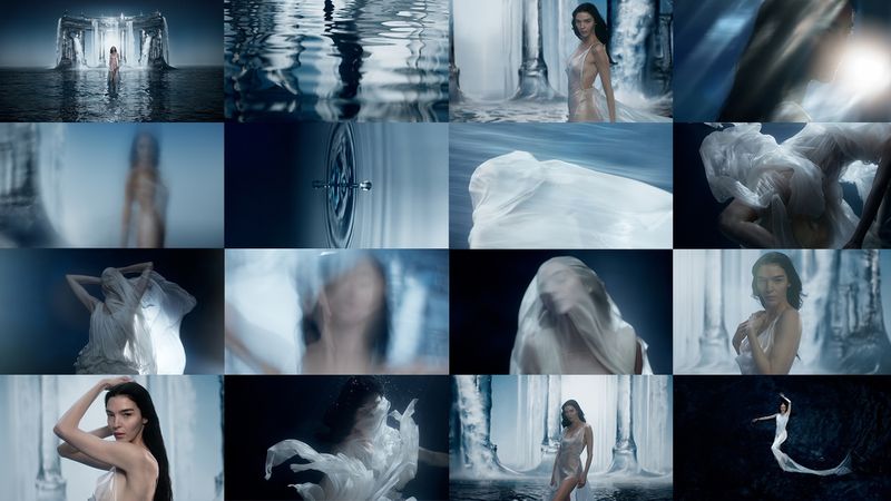 Multi-pane composition showing model Mariacarla Boscono in flowing white garments amidst water and classical architecture for Acqua Fiuggi.