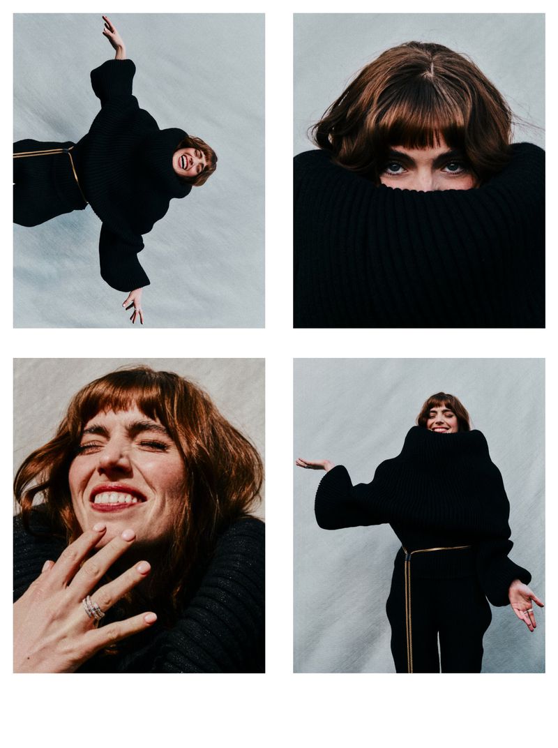 Four-panel editorial portrait layout of a woman in a black turtleneck sweater against a light grey backdrop for Elle UK.