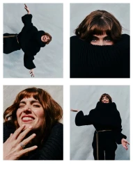 Four-panel editorial portrait layout of a woman in a black turtleneck sweater against a light grey backdrop for Elle UK.