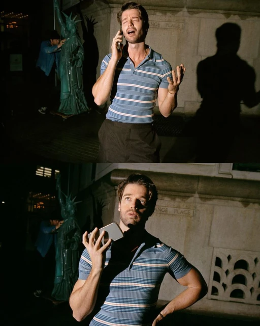 Two-panel view: Man on phone in striped polo shirt, lower panel features same man holding phone in front of a building and statue.