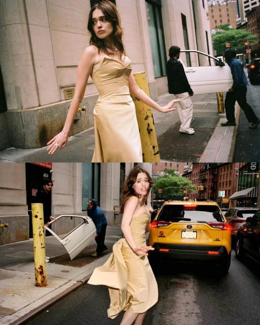 A young woman in a champagne-colored gown stands on a city street with yellow taxi and people carrying a car door in the background.