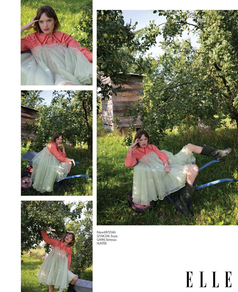 Collage of fashion editorial images featuring a woman in a red patterned blouse and sheer green dress seated outdoors in an orchard.