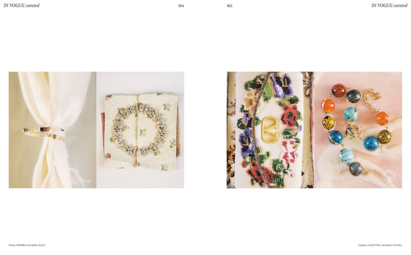 A double-page magazine spread featuring curated luxury jewelry and embroidered accessories on neutral backgrounds.