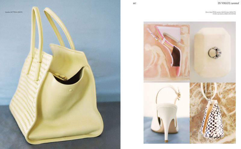 A light yellow leather handbag with woven panels next to a magazine page showing shoes and jewellery.