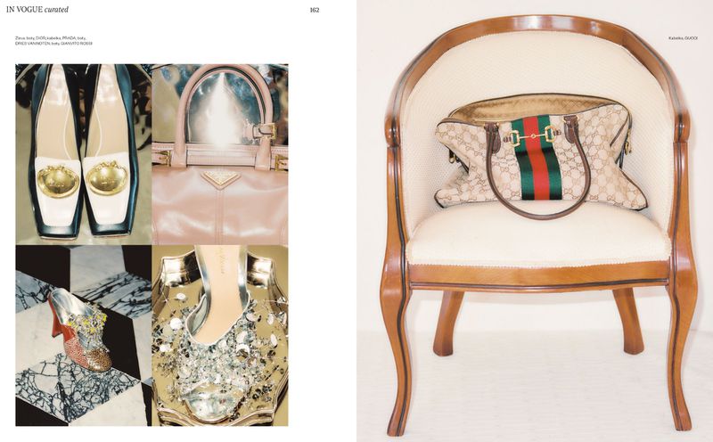 A beige armchair holding a patterned handbag with a red and green stripe, alongside a collage of luxury shoes and accessories.