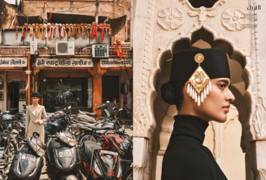 Model in profile wearing a black pillbox hat and statement gold earrings with pearls framed by stone archways