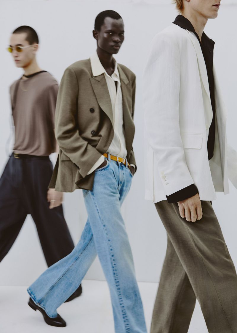 Three male models walking in a studio wearing Zara menswear from the Evening Edition collection