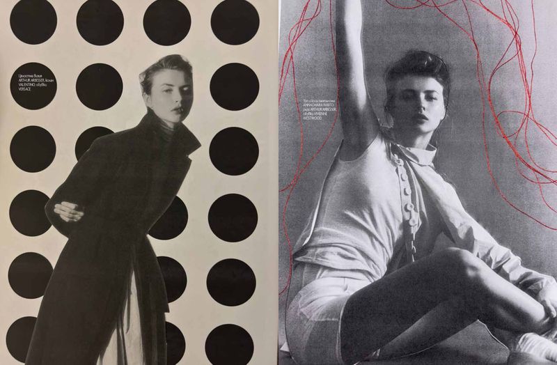 Two photos side-by-side show a woman posing in different outfits against grey and bullseye backgrounds in a vintage fashion style.