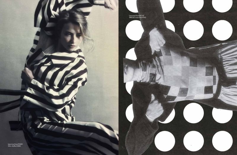 Fashion editorial shot features a woman in striped clothing and a collage-like element with polka dots. Black and white color scheme.