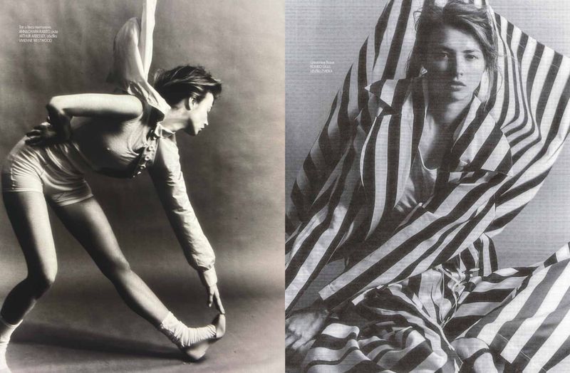 Monochrome split image: a woman stretching in workout clothes contrasted with another woman draped in black and white striped fabric.