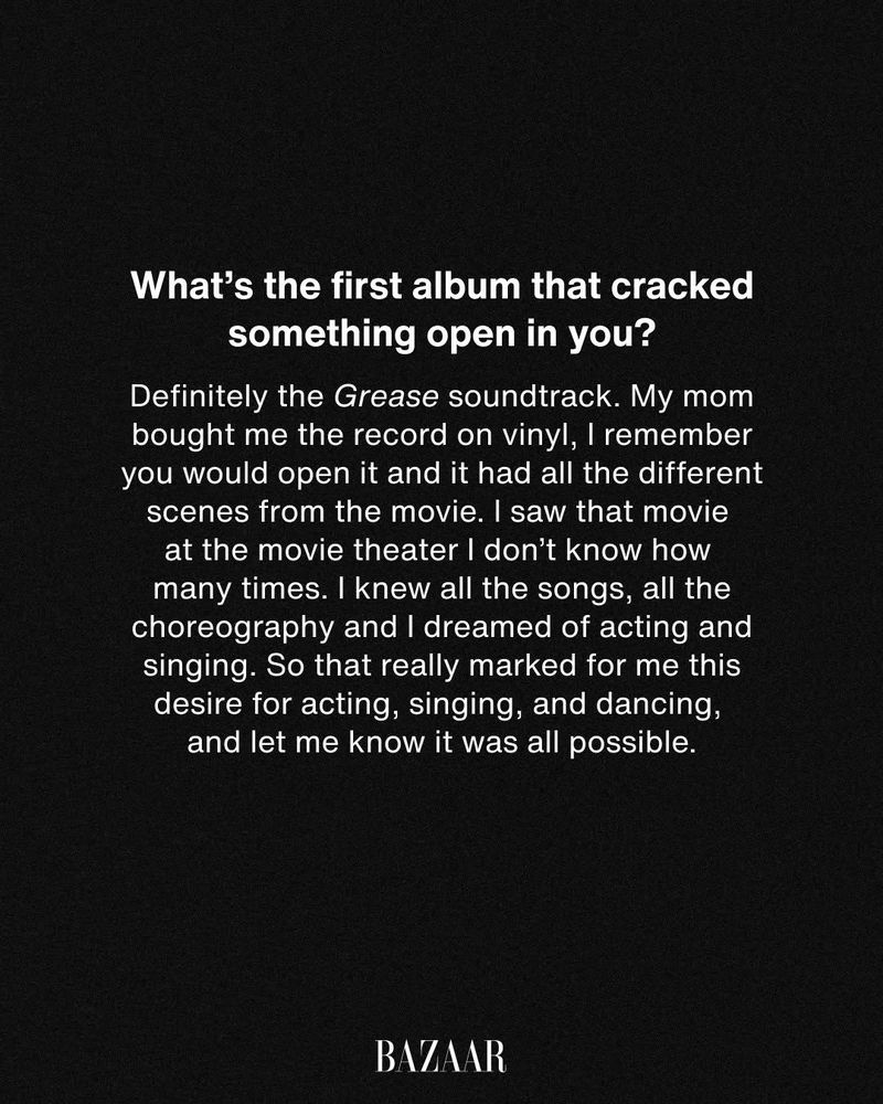 Text graphic on a dark textured background asking about a first album, with a Q and A response featuring Thalía for Harper's Bazaar.