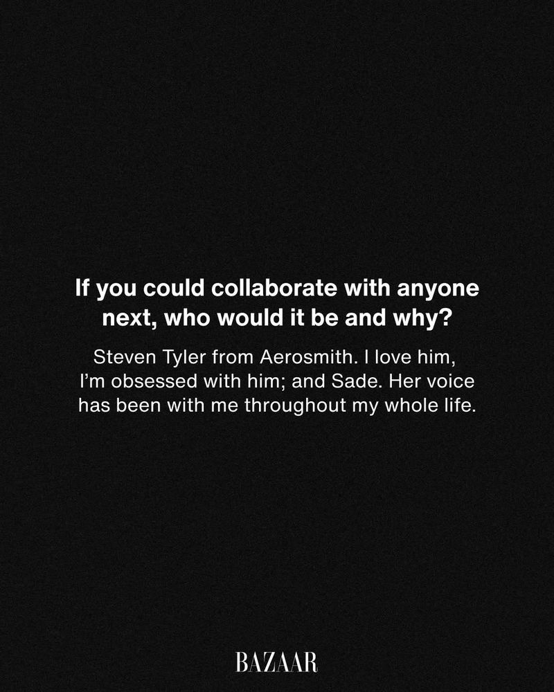 Text-based graphic with a question about collaboration followed by text mentioning Steven Tyler, Aerosmith, and Sade, set against a dark background.