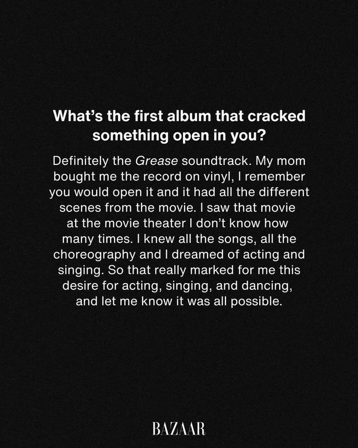 Text graphic on a dark textured background asking about a first album, with a Q and A response featuring Thalía for Harper's Bazaar.