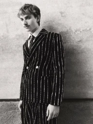 Man wearing a striped double-breasted suit against a textured wall