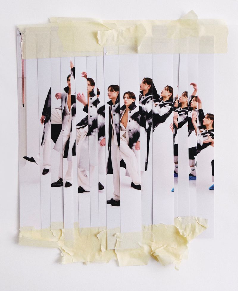 Collage of vertical paper strips showing a male model posing, taped at top and bottom with masking tape.