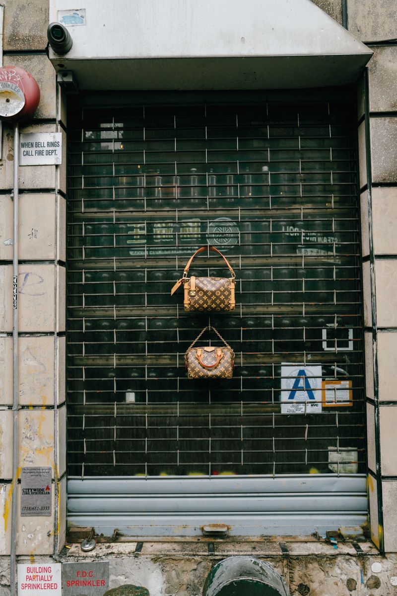 Two monogram handbags hanging on a closed metal security gate of a storefront urban facade
