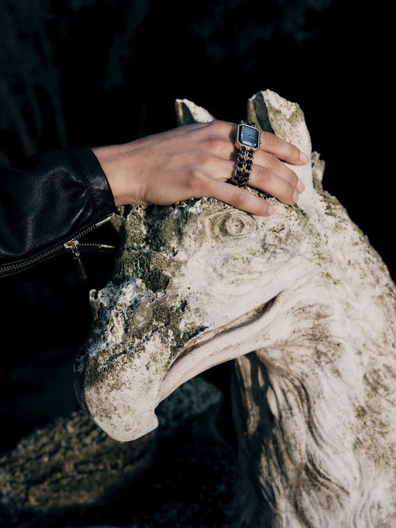 Close-up of a hand wearing a chain-link watch resting gently on a weathered stone animal sculpture.