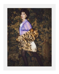 Alexa Chung wearing a sheer purple top and faux fur coat against an ornate tapestry background