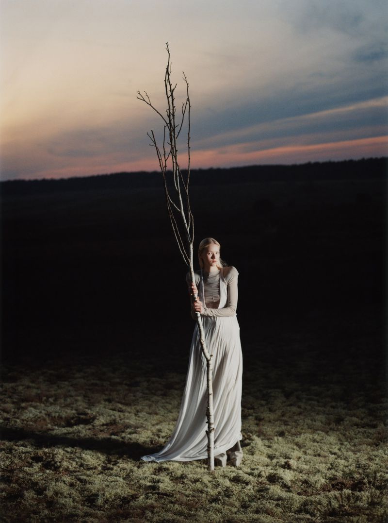 Woman in long white dress holding a bare tree branch in a field at dusk. Ethereal fashion portrait with moody lighting and rural landscape.