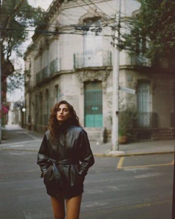 Model wearing a dark belted leather jacket standing on an urban street corner in front of a classic building.