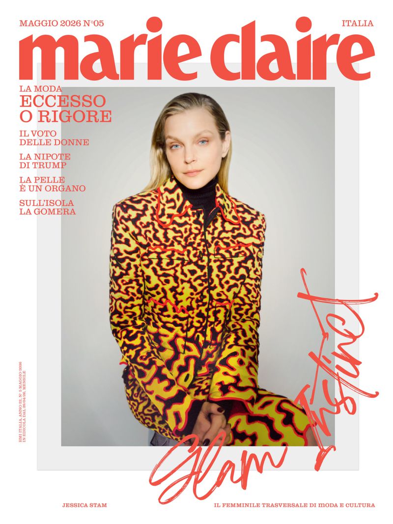 Marie Claire Italia magazine cover featuring Jessica Stam in a vibrant yellow and black patterned jacket. The masthead is bright red.