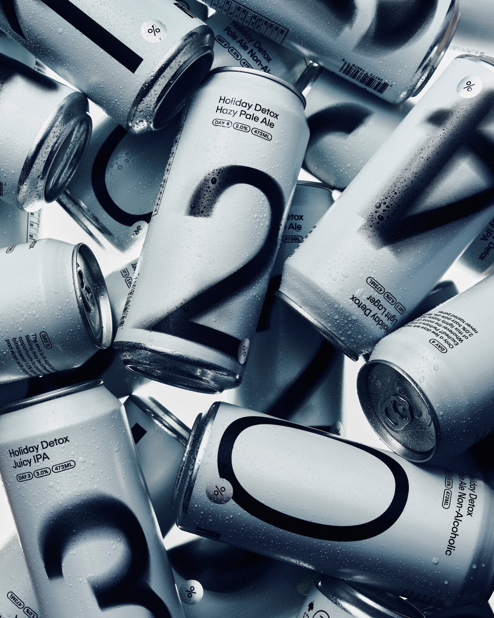 Close-up arrangement of silver beverage cans covered in water droplets with large numbers printed on them.
