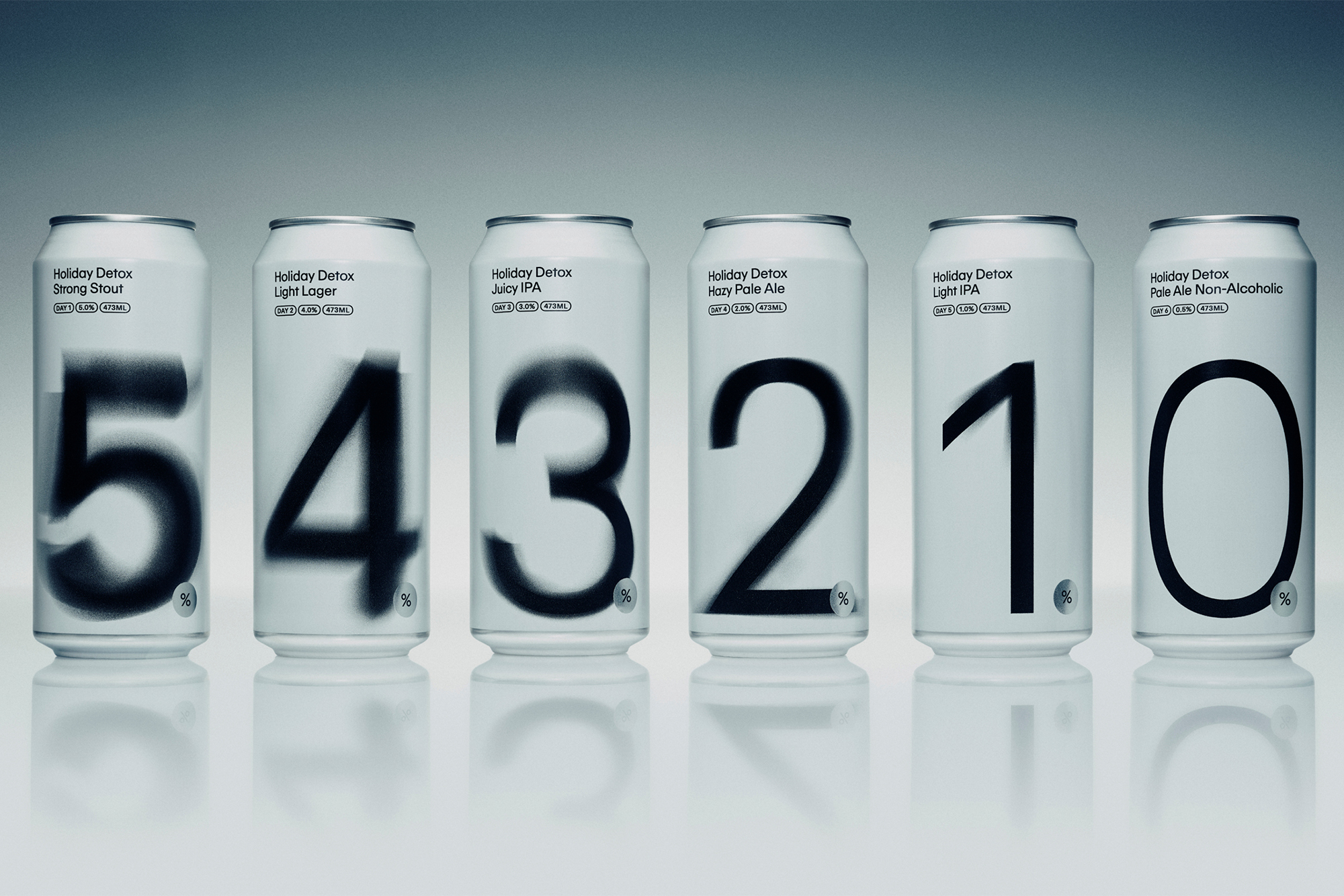 Six white aluminum cans labeled 'Holiday Detox' with the numbers 5, 4, 3, 2, 1, and 0, lined up on a light grey surface.