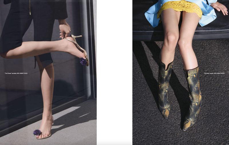 Fashion editorial shot featuring two separate images of an adult female wearing high heels and cowboy boots, for Jimmy Choo advertisement.