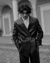 Man with curly dark hair wearing a dark double breasted suit jacket and tie standing outdoors