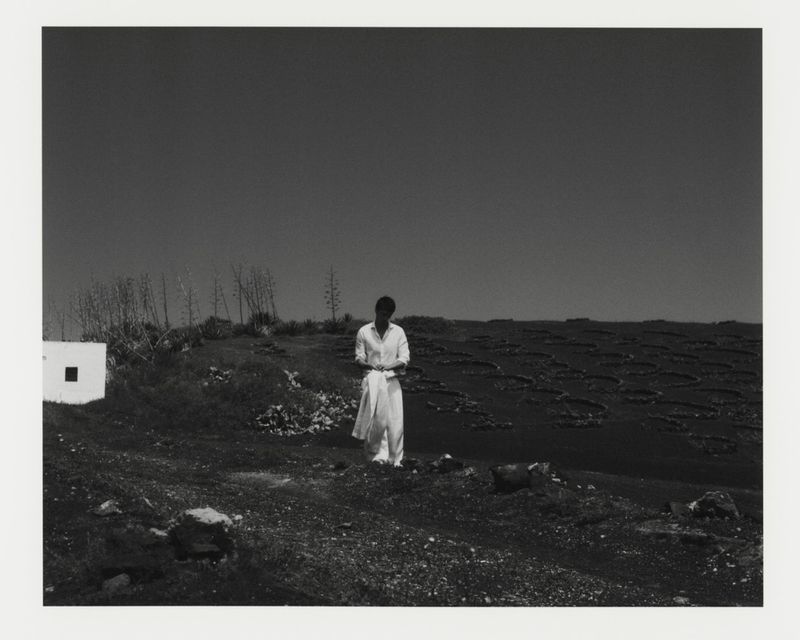 A man wearing a white shirt and trousers standing in a sparse outdoor landscape with dark volcanic terrain.